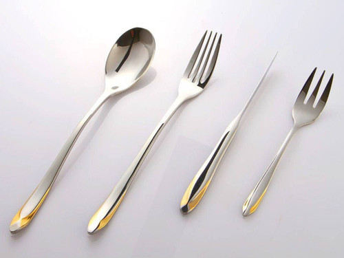 سرویس ۱۵۵ عددی قاشق و چنگال طرح گلازکو براق طلا برند کایند ۳۰ نفره ضخامت ۴ میل استیل ضد زنگ