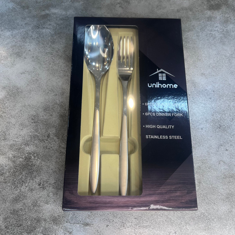 سرویس ۱۲ عددی قاشق و چنگال برند یونی هوم مدل سوفیا سندبلاست استیل ضد زنگ قالب اروپا