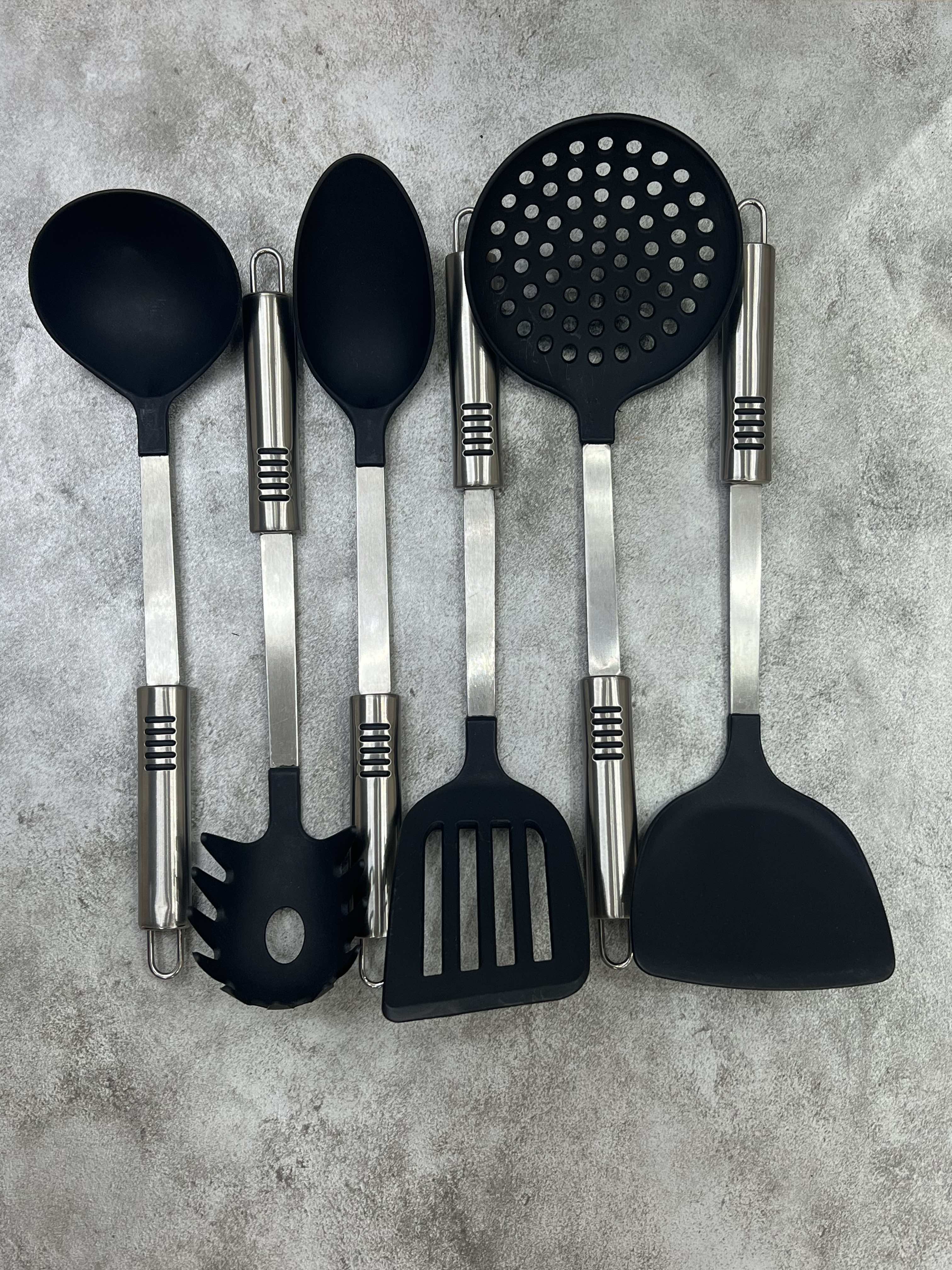 سرویس ۷پارچه کفگیر ملاقه سیلیکونی دسته استیل ۵ خط یونی هوم