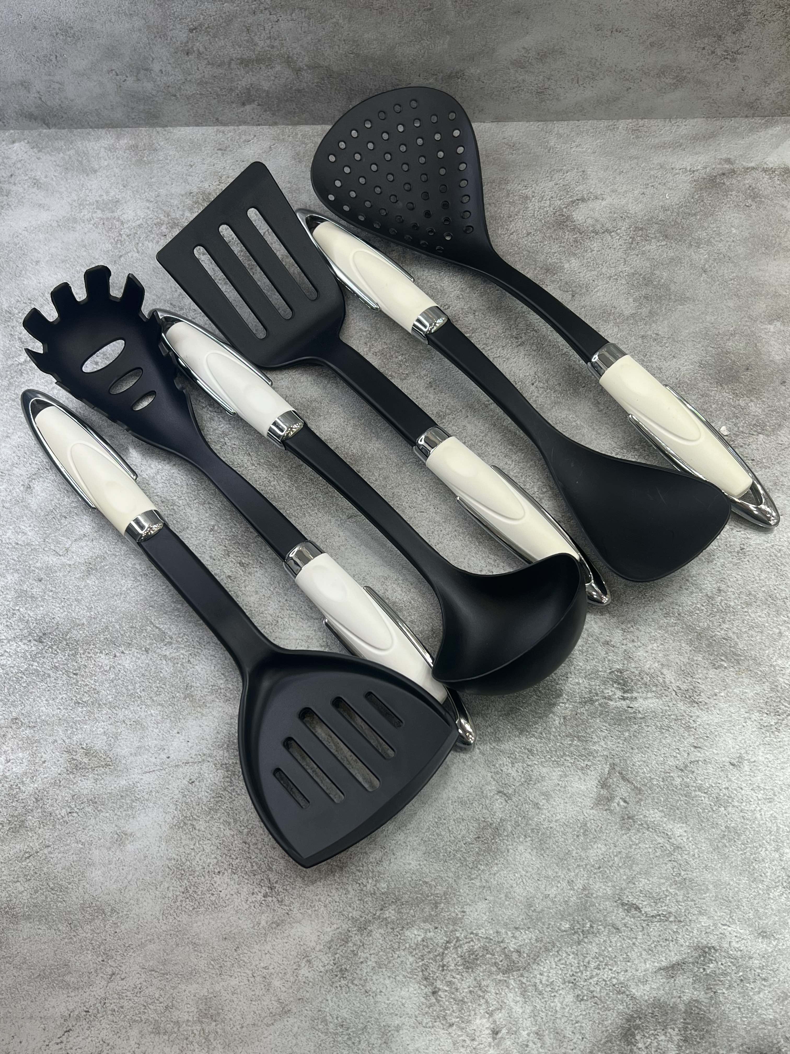 سرویس ۷پارچه کفگیر ملاقه سیلیکونی دسته سفید ۵ خط یونی هوم