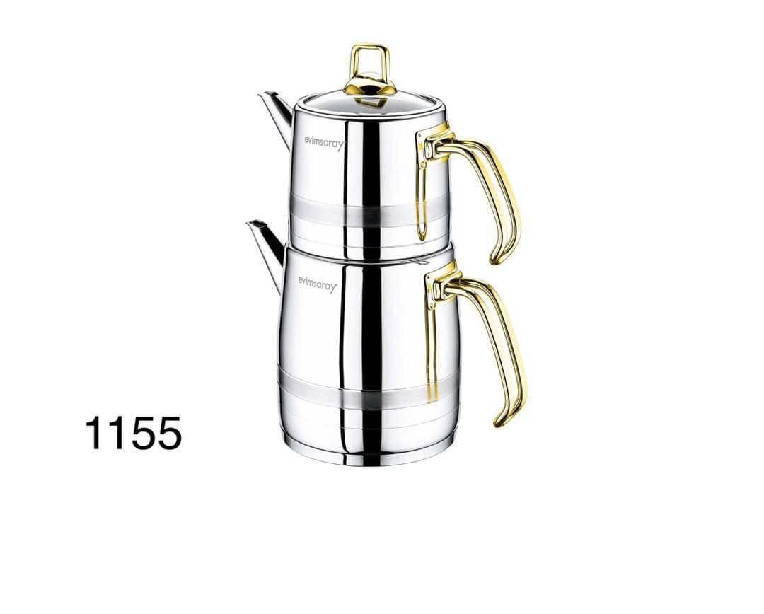 کتری قوری تمام استیل ترک برند اویم سارای کد ۱۱۵۵ استیل ضد زنگ براق دسته طلایی