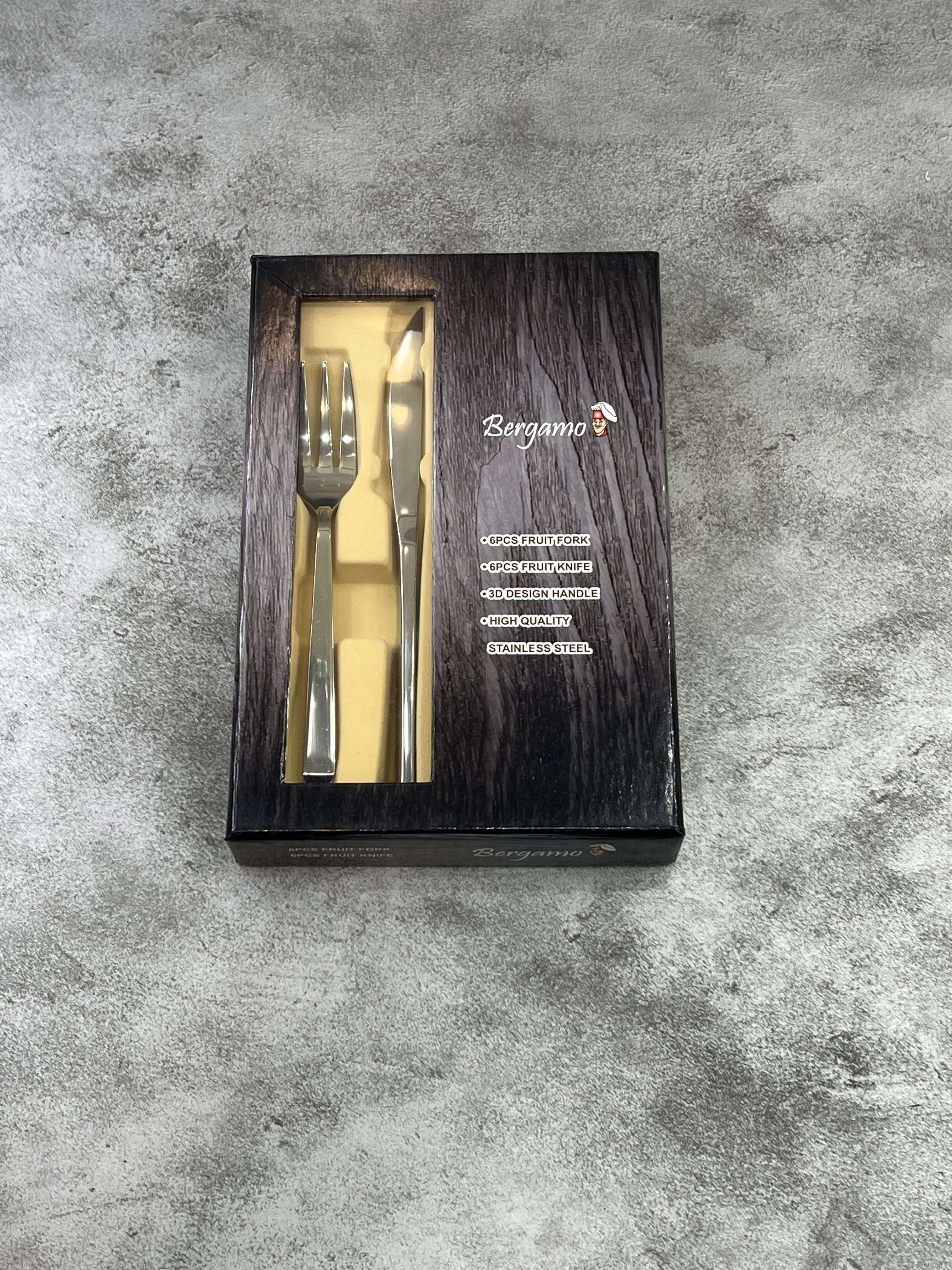 کارد و چنگال میوه خوری تمام استیل تیغه ۳ بعدی مدل اروپایی برگامو - کد ۰۲