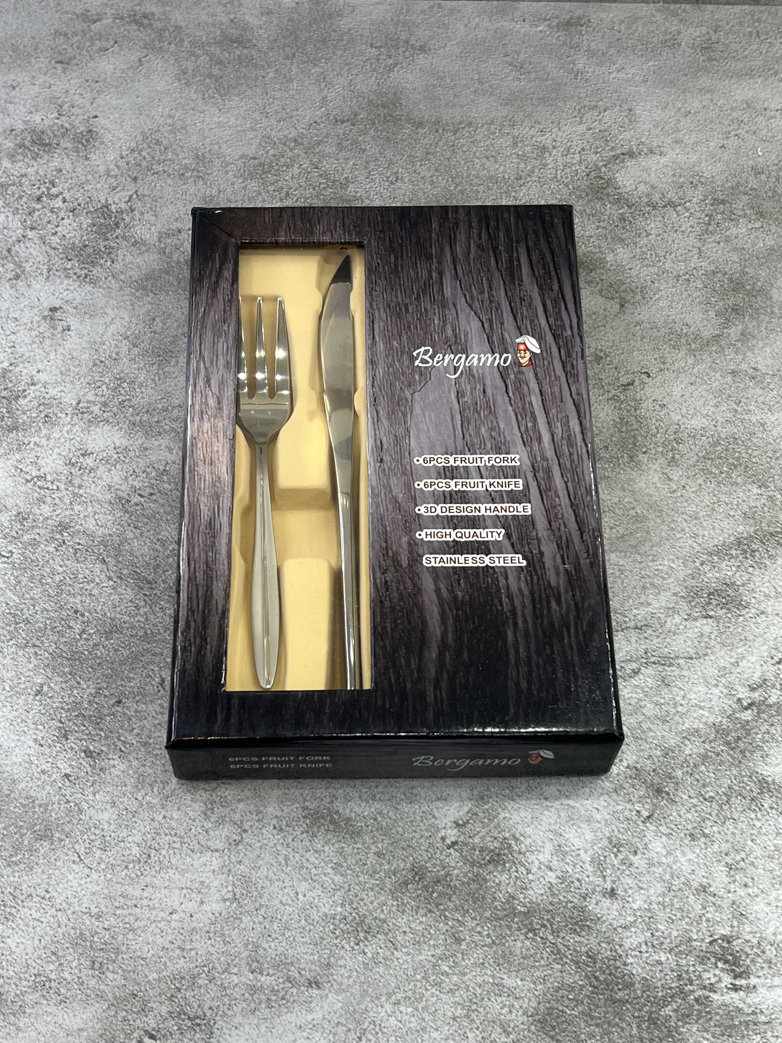 کارد و چنگال میوه خوری تمام استیل تیغه ۳ بعدی مدل اروپایی برگامو - کد ۰۴