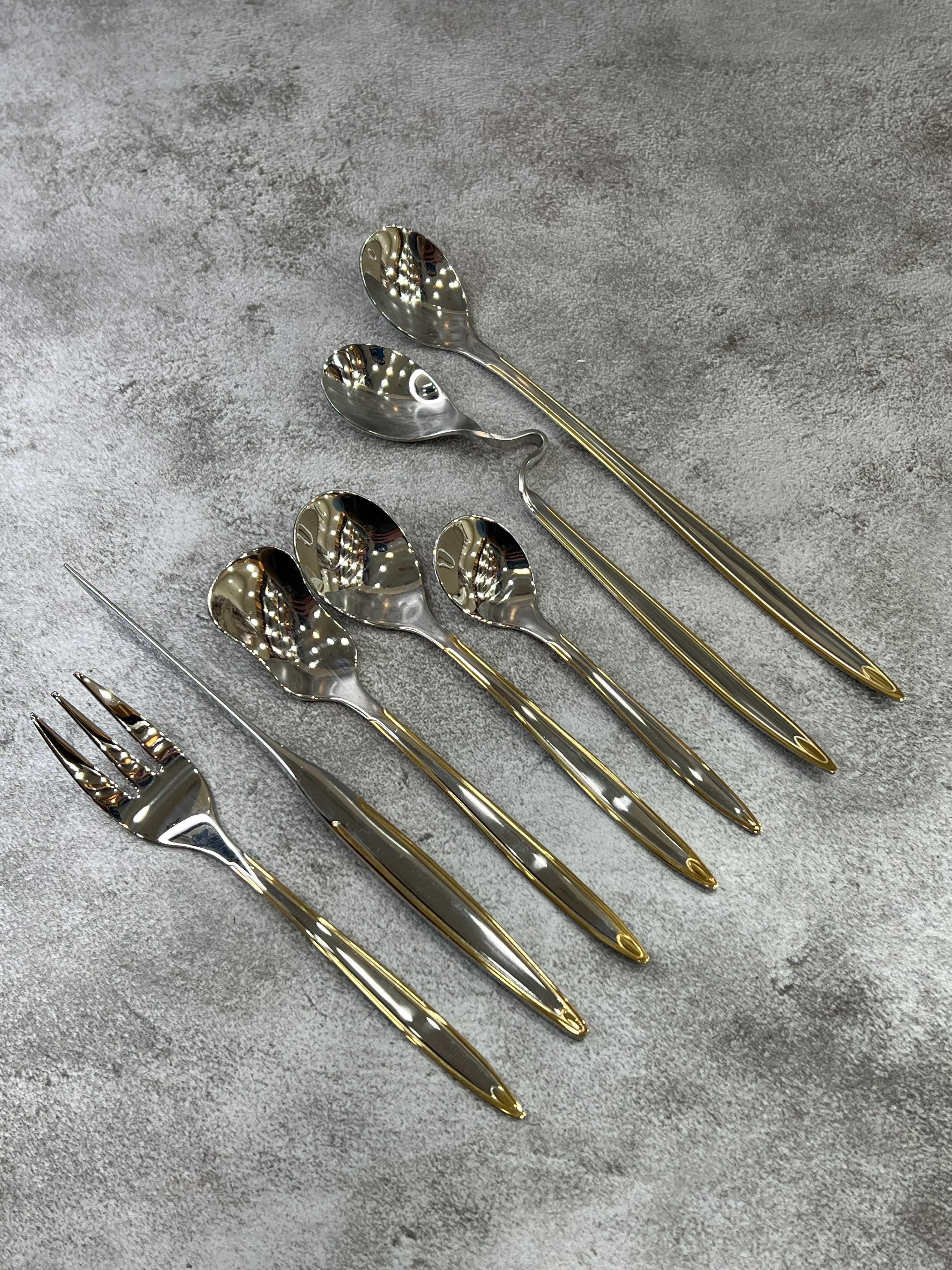 سرویس ۱۵۵ عددی قاشق و چنگال طرح ریتا براق طلایی برند کایند ۳۰ نفره ضخامت ۴ میل استیل ضد زنگ