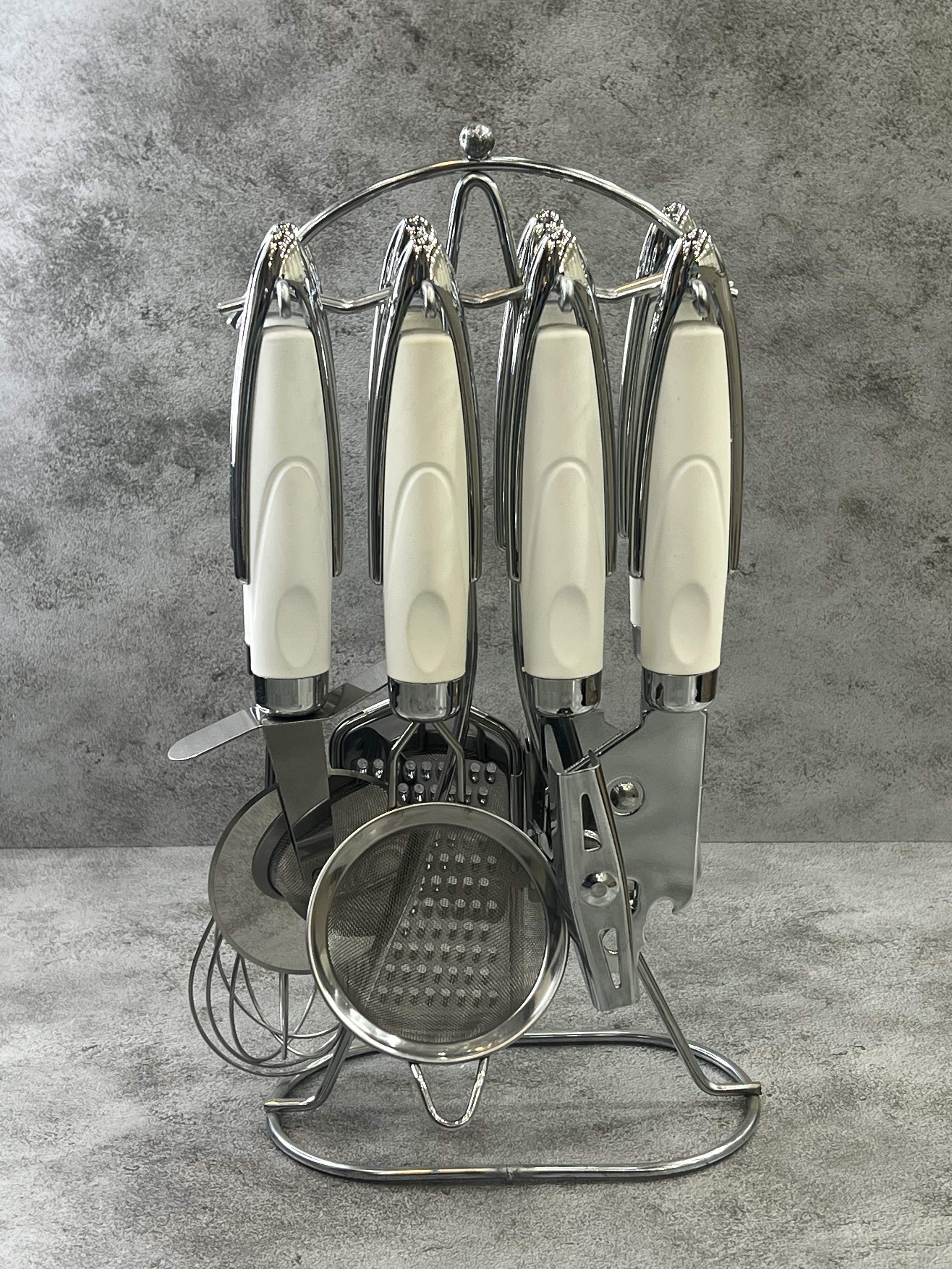 سرویس ۸ پارچه ابزار آشپزخانه سیلیکونی دسته سفید ۵ خط یونی هوم