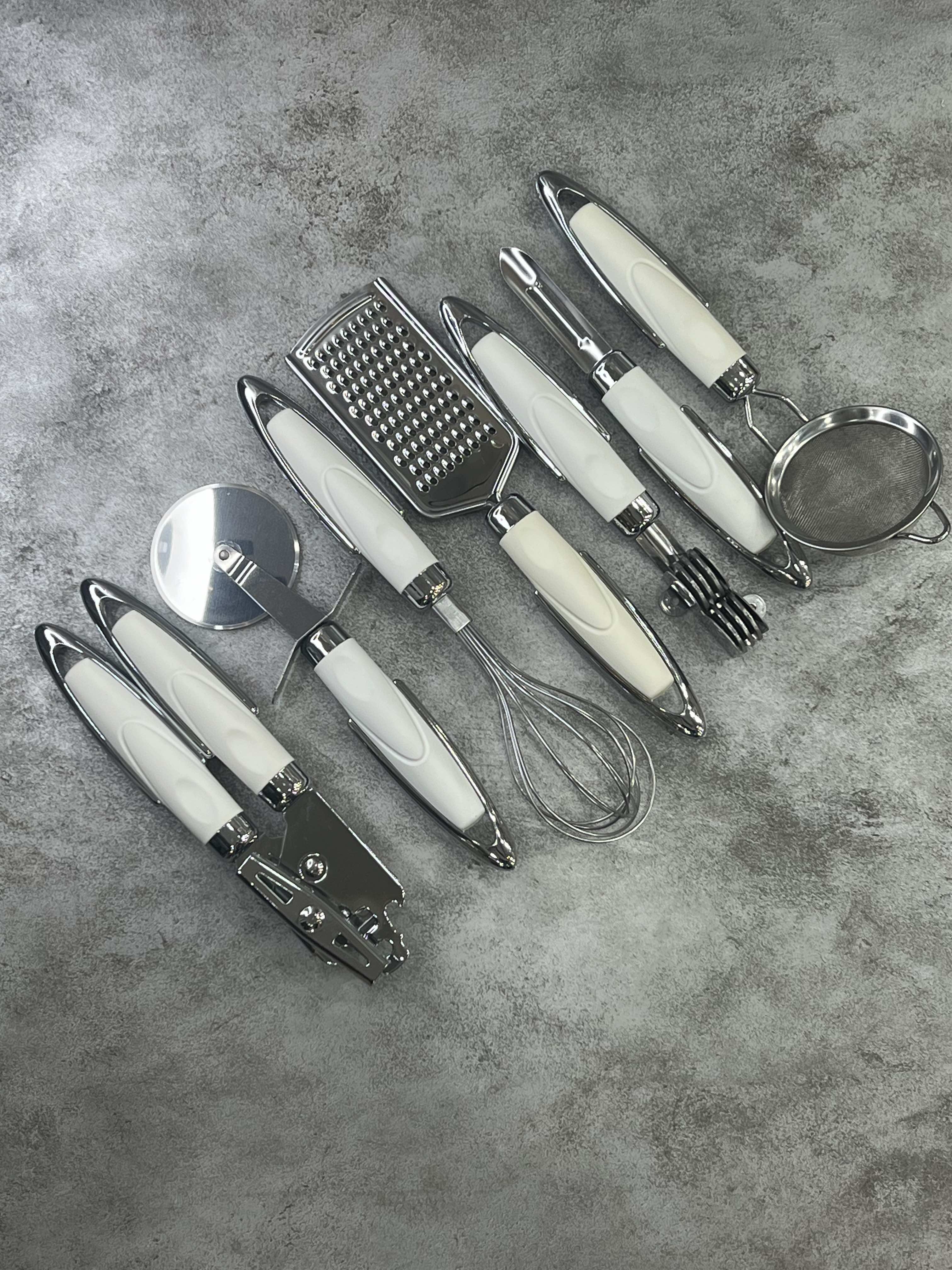 سرویس ۸ پارچه ابزار آشپزخانه سیلیکونی دسته سفید ۵ خط یونی هوم