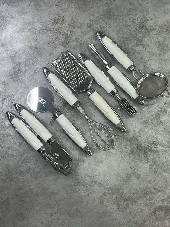 سرویس ۸ پارچه ابزار آشپزخانه سیلیکونی دسته سفید ۵ خط یونی هوم