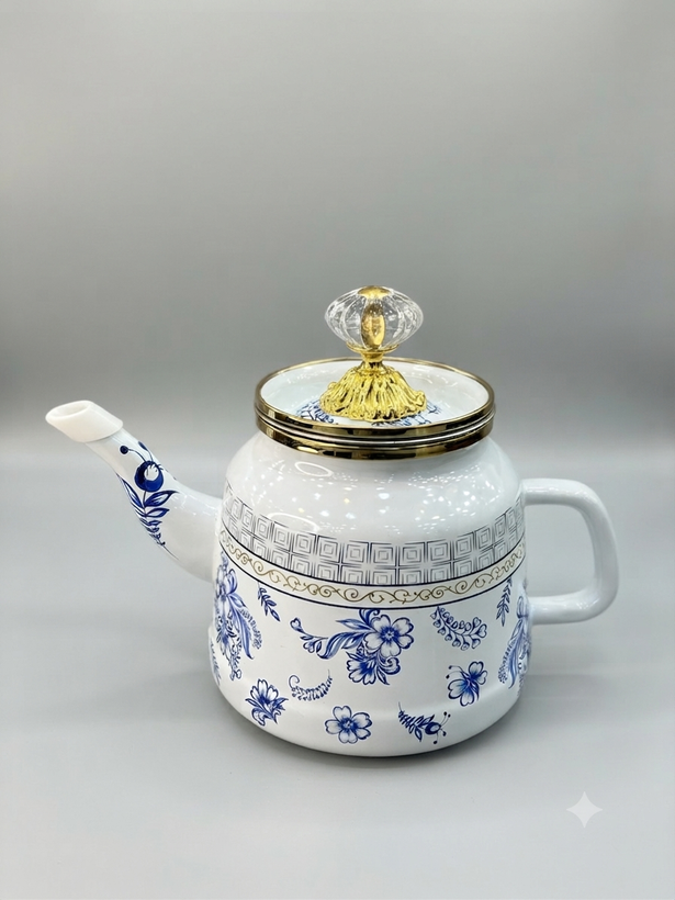 کتری قوری لعابی طرح گل آبی برند یونی هوم